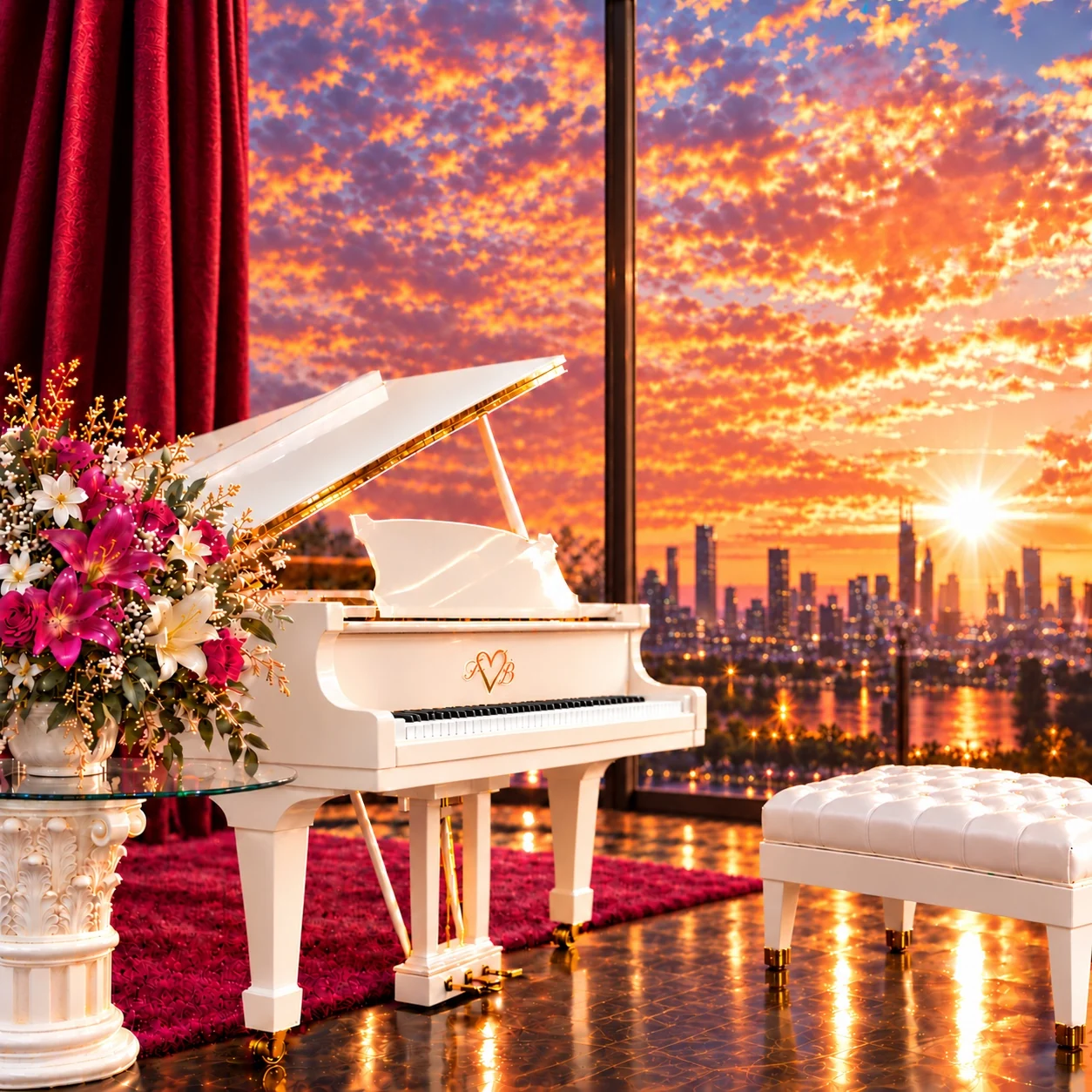 White grand piano with flowers overlooking a golden sunset